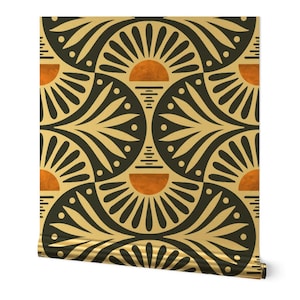 Carta da parati Art Deco Boho oro o argento metallizzato - Art Deco Sunset di de_koro - Rotolo di carta da parati retrò vintage astratta Sunset di Spoonflower
