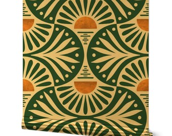 Art Deco Gold or Silver Metallic Wallpaper - Art Deco Sunset by de_koro - Tropical Maximalist Emerald Green Wallpaper Roll by Spoonflower