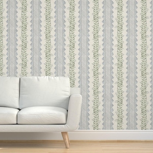 Watercolor Stripe Grasscloth Wallpaper - Blue Lace On Cream by danika_herrick - Regency Cottagecore Textured Sisal Wallpaper by Spoonflower