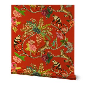 Chinoiserie Gold or Silver Metallic Wallpaper - Chinoiserie Frolic  by pattern_garden - Maximalist Red Wallpaper Roll by Spoonflower