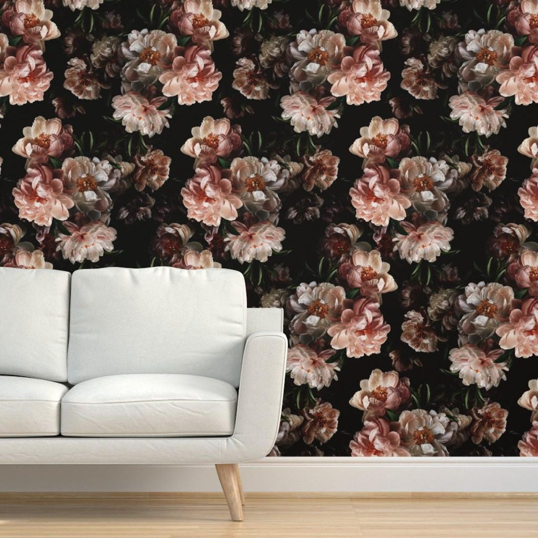 Dramatic Dark Peony Grasscloth Wallpaper - Midnight Peony by ...