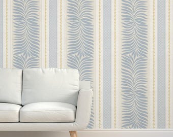 Blue Botanical Grasscloth Wallpaper - Grand Millennial Stripe by dominique_vari - Tropical Cottage Textured Sisal Wallpaper by Spoonflower
