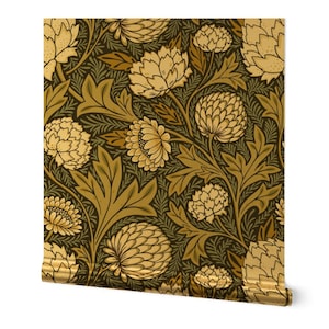 Floral Gold or Silver Metallic Wallpaper - Large Scale Garden by serena_archetti - Damask Green Cream Tan  Wallpaper Roll by Spoonflower