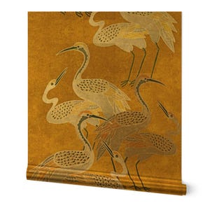 Maximalism Gold or Silver Metallic Wallpaper - Golden Hour Cranes by shellyreneedesigns - Art Deco Birds Boho Wallpaper Roll by Spoonflower