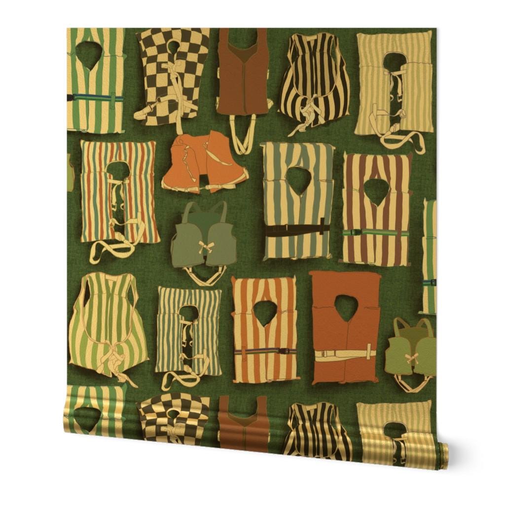 Papel pintado metálico dorado o plateado con diseño de chaleco salvavidas - Chalecos salvavidas vintage de shellypenko - Rollo de papel pintado verde