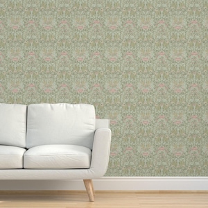 Victorian Floral Grasscloth Wallpaper - Pale Floral Damask by bloomerydecor - Pink Botanical Meadow Textured Sisal Wallpaper by Spoonflower