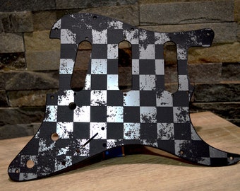 Faux Brushed Aluminum Distressed Checker Textured Pickguard - Fits Fender Stratocaster - USA Made