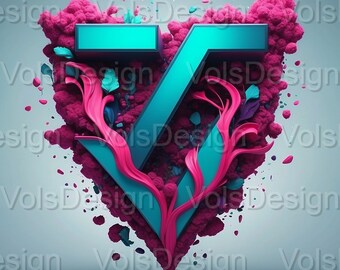 May include: A turquoise blue letter V with a 3D effect, surrounded by pink and blue floral designs. The background is a light blue.