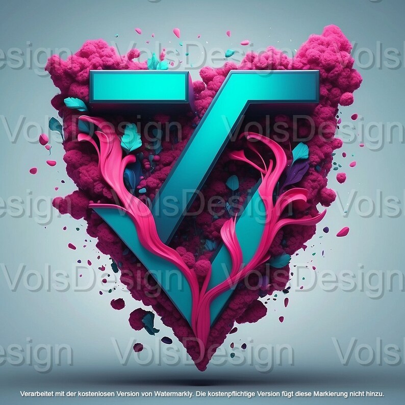 May include: A turquoise blue letter V with a 3D effect, surrounded by pink and blue floral designs. The background is a light blue.