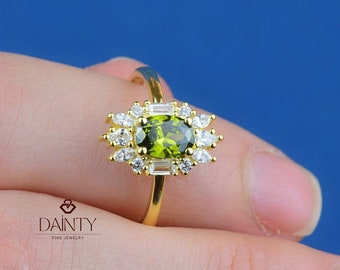 14K Gold Oval Cut Peridot Ring I Sunburst Peridot Halo Ring I Unique Engagement Ring I Vintage Design Oval Ring I Art Deco Anniversary Ring