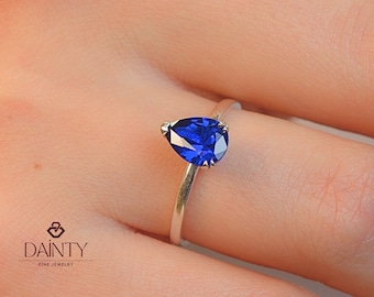 Sapphire Ring I Engagement 14K Gold Blue Ring I Pear Cut Solitaire Sapphire Ring I Delicate Blue Ring I September Birthstone I Gift For Her