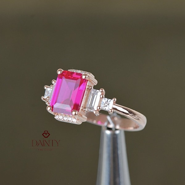 Emerald Cut Ruby Engagement Ring For Women I 14K Solid Gold Ruby Ring I Multi Stone Red Ring I Anniversary Gift I July Birthstone I