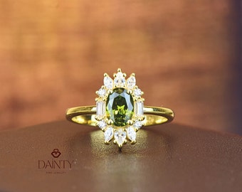 14K Gold Oval Cut Peridot Ring I Sunburst Peridot Halo Ring I Unique Engagement Ring I Vintage Design Oval Ring I Art Deco Anniversary Ring