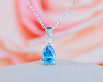 Aquamarine Necklace I Teardrop Blue Silver Necklace I Dainty March Birthstone I Delicate Necklace I Necklace For Women I Mothers Day Gift