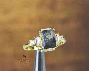 Natural Emerald Cut Moss Agate Ring I Moss Agate Engagement Ring I Gold Agate Delicate Ring I Stackable Green Ring I Gift For Her