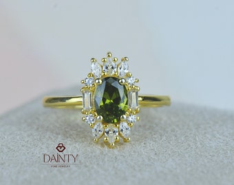 14K Gold Oval Cut Peridot Ring I Sunburst Peridot Halo Ring I Unique Engagement Ring I Vintage Design Oval Ring I Art Deco Anniversary Ring