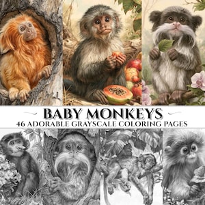 Pode incluir: Uma coleção de ilustrações de bebês macacos com três imagens coloridas no topo e quatro páginas para colorir em tons de cinza na parte inferior. O texto diz BABY MONKEYS 46 ADORABLE GRAYSCALE COLORING PAGES. Os macacos estão em árvores.