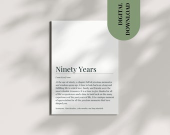 90.o regalo de cumpleaños Tarjeta de definición de tarjeta de regalo de aniversario de noventa años Tarjeta de felicitación de noventa años Feliz cumpleaños Póster en PDF imprimible