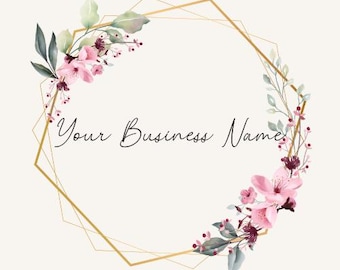 May include: A floral design featuring a gold geometric frame with the text "Your Business Name". The design includes watercolor-style pink flowers, burgundy accents, and green leaves, set against a cream background.