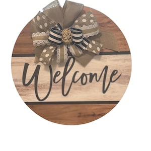 Rustic Welcome Door Hanger--28&quot; Round Wood Sign With Bow, Farmhouse Porch Decor, Neutral Front Door Sign, Year-Round Accent