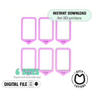 May include: Six different sizes of pink rectangular cookie cutters, ranging from 1 mm to 6 mm in width. The cutters are labeled with their size in millimeters. The image includes the text "INSTANT DOWNLOAD for 3D printers" and "6 SIZES Regular and sharp edge type DIGITAL FILE STL File".