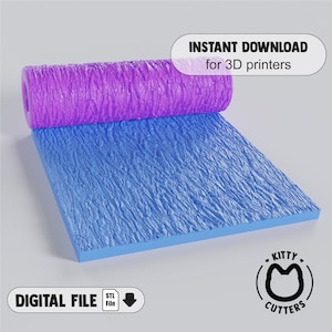 May include: A purple 3D printed roller with a textured surface, designed to create a realistic stone wall effect. The roller is shown rolling over a blue sample of the texture it creates. The image includes the text "INSTANT DOWNLOAD for 3D printers" and "DIGITAL FILE STL File".