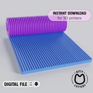 May include: A 3D-printed, ribbed rolling pin in purple rests on a blue, grooved surface. The image includes the text "INSTANT DOWNLOAD for 3D printers" and "DIGITAL FILE" with an STL file icon. The Kitty Cutters logo is also visible.