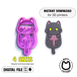 Könnte beinhalten: Digitaler Download einer STL-Datei zum 3D-Druck eines Keksausstechers in Form einer Katze in vier Größen. Der Ausstecher ist in Rosa und Grau dargestellt und zeigt ein niedliches Cartoon-Katzenmotiv. Das Bild enthält auch den Text "INSTANT DOWNLOAD for 3D printers" und "4 SIZES".