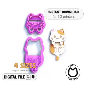 May include: A set of pink cat-shaped cookie cutters in various sizes, with a finished cat design in white and orange. The image includes the text "INSTANT DOWNLOAD for 3D printers" and "DIGITAL FILE". The logo for Kitty Cutters is also visible.