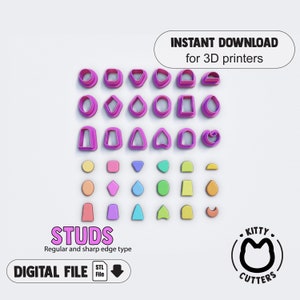 Peut inclure: Téléchargement numérique de fichiers STL imprimables en 3D pour 20 modèles de découpes à biscuits différents. Les découpes sont roses et présentent diverses formes, notamment des cercles, des carrés, des triangles, des cœurs et des étoiles. L'image comprend également le texte "STUDS Regular and sharp edge type" et "KITTY CUTTERS".