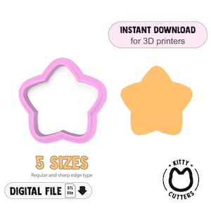 May include: A pink star-shaped cookie cutter next to a solid orange star. Text reads "INSTANT DOWNLOAD for 3D printers", "5 SIZES", and "DIGITAL FILE". A logo with a cat face is also present.