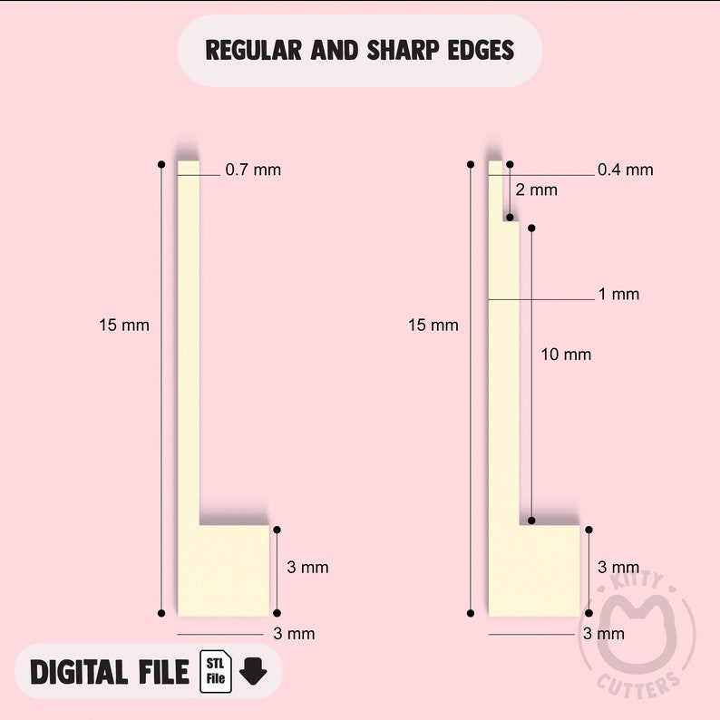 May include: Diagram of two beige L-shaped objects with measurements in millimeters. The text "REGULAR AND SHARP EDGES" and "DIGITAL FILE" are at the top and bottom. The objects are 15 mm tall.