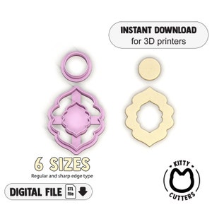 Puede incluir: Un conjunto de seis archivos digitales para la impresión 3D de cortadores de galletas en varios tamaños. Los cortadores tienen forma de trébol de cuatro hojas con un trébol de cuatro hojas más pequeño en el interior. La imagen muestra los cortadores en rosa y beige. El texto "INSTANT DOWNLOAD for 3D printers" y "6 SIZES Regular and sharp edge type" es visible. El texto "DIGITAL FILE STL File" también es visible. La imagen incluye un logotipo con el texto "KITTY CUTTERS".