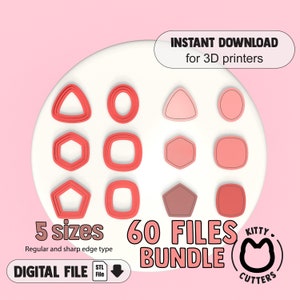Puede incluir: Un conjunto de 60 archivos digitales para impresión 3D, con cinco tamaños de varias formas, incluyendo un triángulo, un círculo, un hexágono, un cuadrado y un pentágono. Los archivos están disponibles en formato STL y están diseñados para su uso con impresoras 3D. La imagen muestra las formas en rojo y rosa, con un fondo blanco. El texto "Kitty Cutters" es visible en la esquina inferior derecha de la imagen.
