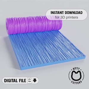 May include: A purple 3D printed roller with a wood grain pattern. The roller is rolling over a blue 3D printed surface. The text "INSTANT DOWNLOAD for 3D printers" is in a white rectangle at the top of the image. The text "DIGITAL FILE" is in black at the bottom left of the image. The text "STL File" is in a white rectangle at the bottom left of the image. The text "KITTY CUTTERS" is in a black circle at the bottom right of the image with a black cat head inside the circle.