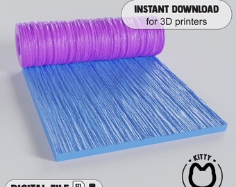 Puede incluir: Un rodillo de color morado impreso en 3D con un patrón de veta de madera. El rodillo está rodando sobre una superficie azul impresa en 3D. El texto "INSTANT DOWNLOAD for 3D printers" está en un rectángulo blanco en la parte superior de la imagen. El texto "DIGITAL FILE" está en negro en la parte inferior izquierda de la imagen. El texto "STL File" está en un rectángulo blanco en la parte inferior izquierda de la imagen. El texto "KITTY CUTTERS" está en un círculo negro en la parte inferior derecha de la imagen con una cabeza de gato negro dentro del círculo.