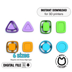 Może przedstawiać: Zestaw sześciu kolorowych foremek do ciastek wydrukowanych w 3D w różnych kształtach geometrycznych: trójkątach, prostokątach i okręgach. Foremki są fioletowe, zielone, pomarańczowe i niebieskie. Na obrazku widnieje napis "NATYCHMIASTOWE POBIERANIE dla drukarek 3D" i "6 rozmiarów".