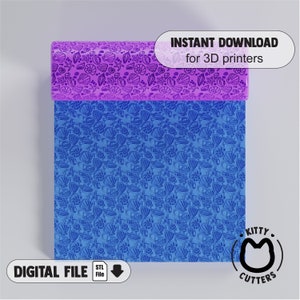 May include: A digital download STL file for a 3D printed rolling pin with a seashell pattern. The rolling pin is blue and purple and features a variety of seashells, starfish, and other ocean-themed designs. The text "INSTANT DOWNLOAD for 3D printers" and "KITTY CUTTERS" is visible in the image.