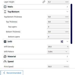 May include: Screenshot of a 3D printing software interface. Displays settings for layer height (0.2 mm), walls, top/bottom, infill, material, and speed. Infill density is set to 20.0%, and print speed is 50.0 mm/s.