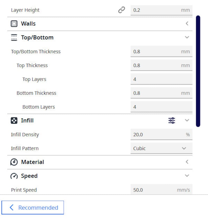 May include: Screenshot of a 3D printing software interface. Displays settings for layer height (0.2 mm), walls, top/bottom, infill, material, and speed. Infill density is set to 20.0%, and print speed is 50.0 mm/s.