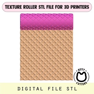 Könnte beinhalten: STL-Datei für eine Texturwalze für 3D-Drucker. Die Walze ist rosa und die strukturierte Oberfläche ist beige. Der Text "TEXTURE ROLLER STL FILE FOR 3D PRINTERS" steht oben. Der Text "DIGITAL FILE STL" steht unten.