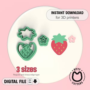 May include: A set of 3D printable cookie cutters in the shape of a strawberry, a flower, and a star. The cutters are green and red with white accents. The image includes the text "3 sizes" and "Regular and sharp edge type".