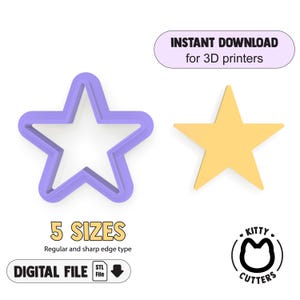 May include: A star-shaped cookie cutter in lavender and a gold star. The image includes the text "INSTANT DOWNLOAD for 3D printers", "5 SIZES", "DIGITAL FILE", and the Kitty Cutters logo.