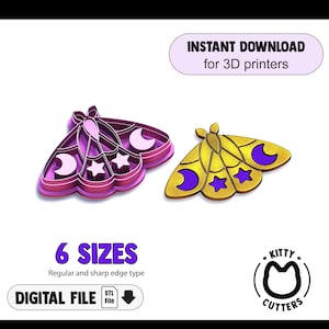May include: A 3D printable STL file for a moth cookie cutter with a crescent moon and star design. The cutter is available in six sizes with regular and sharp edge types. The image shows a purple and gold 3D printed version of the cutter.