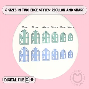 May include: Image of cookie cutters in two edge styles, regular and sharp, and six sizes ranging from 50 mm to 100 mm. The cutters are in the shape of a window with a floral design. The text "DIGITAL FILE" is also present.