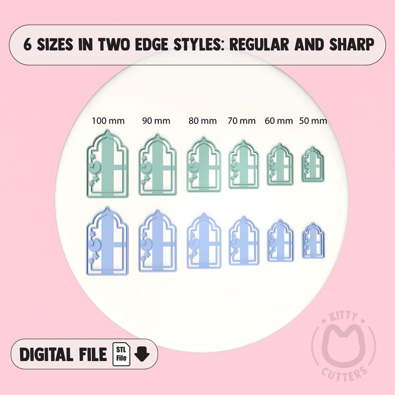 May include: Image of cookie cutters in two edge styles, regular and sharp, and six sizes ranging from 50 mm to 100 mm. The cutters are in the shape of a window with a floral design. The text "DIGITAL FILE" is also present.