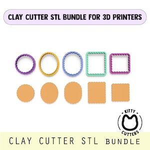 Può includere: Una collezione di file STL per taglierine di argilla per stampanti 3D. Il set include varie forme: cerchi, quadrati e bordi smerlati in viola, giallo, blu e verde. La fila inferiore presenta forme corrispondenti in un colore marrone chiaro. Il testo recita "CLAY CUTTER STL BUNDLE FOR 3D PRINTERS."