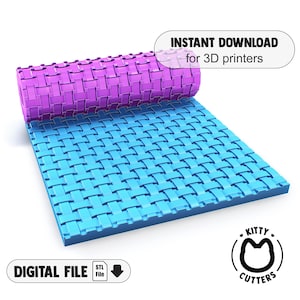 May include: A digital download of a 3D printable model of a blue and purple woven mat. The model is shown rolled up, with the purple side facing the viewer. The text "INSTANT DOWNLOAD for 3D printers" is visible in the upper right corner of the image. The text "DIGITAL FILE" and "STL File" is visible in the lower left corner of the image. The text "KITTY CUTTERS" is visible in the lower right corner of the image.