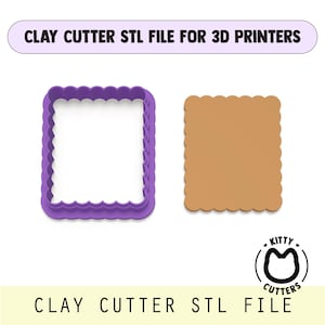 Könnte beinhalten: Ein violetter Ton-Ausstecher mit gewelltem Rand für 3D-Drucker, neben einer hellbraunen Tonform. Der Text "CLAY CUTTER STL FILE FOR 3D PRINTERS" ist oben abgebildet. Das Kitty Cutters-Logo befindet sich unten rechts.