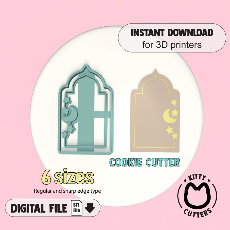 May include: A digital file for 3D printers featuring a cookie cutter design. The design includes a teal-colored arch shape with a crescent moon and stars, and a tan-colored arch shape with a yellow outline. The text "INSTANT DOWNLOAD" and "COOKIE CUTTER" are also visible.